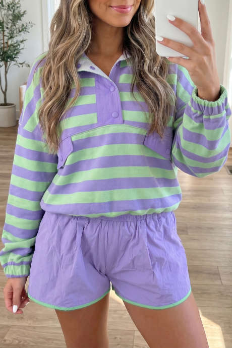 Purple Stripe Striped Patchwork Long Sleeve Two Piece Set