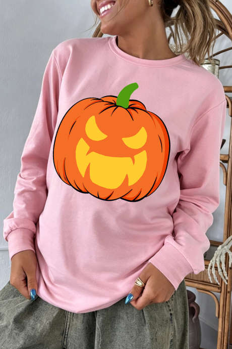 Pink Halloween Pumpkin Face Print Casual Shift Sweatshirt