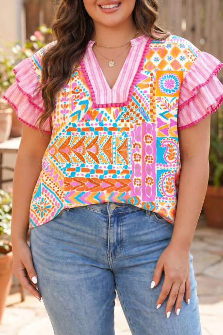 Rose Plus Size Geometric Print Contrast Trim Striped V Neck Blouse PL25136769-P620