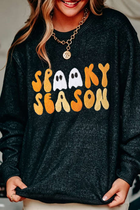 Color black Spooky Season Halloween Lettering Casual Pullover Sweatshirt