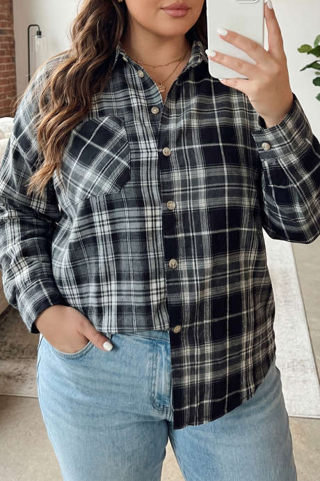 Itim na Plaid na V Neck na Long Sleeve na Tunika na Shirt para sa Pang-araw-araw na Kaswal na Kasuotan