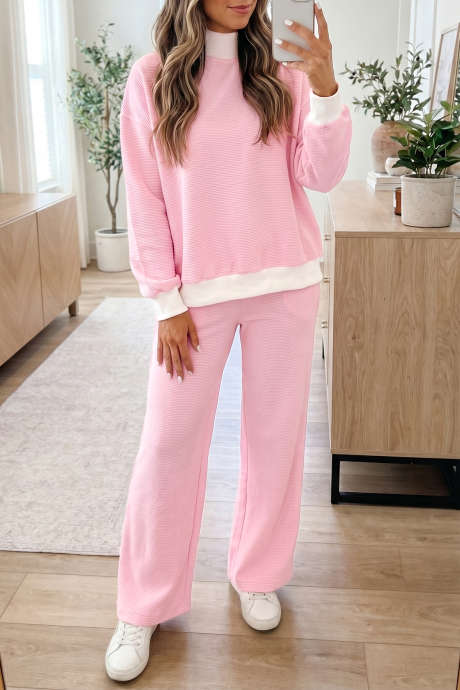 Pink Stripe Striped Long Sleeve Elastic Waist Patch Pocket Casual Two Piece Pants Set
