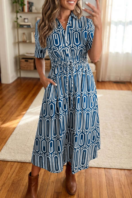Blue Geometric Print High-Waist Drawstring Collar Short Sleeve Shift Dress