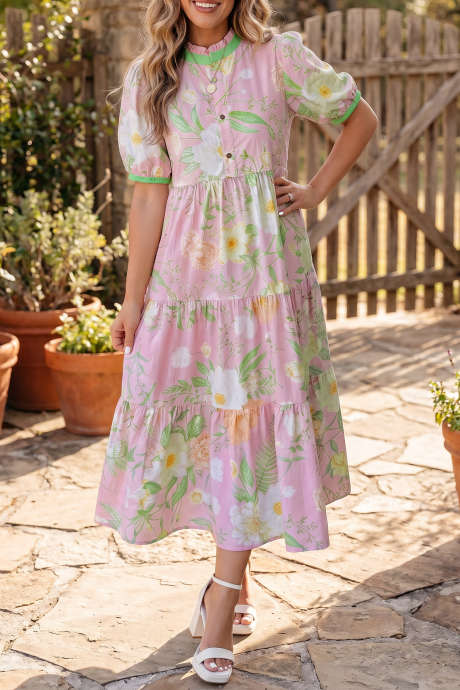 Maikling Maxi Dress na may Kulay Rosas na May Bulaklak na May Puff Sleeve na Mataas na Baywang na may Tiered