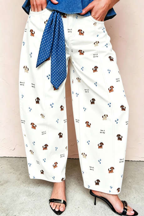 White Abstract Dog Print Wide Leg Full-Length Casual Pants
