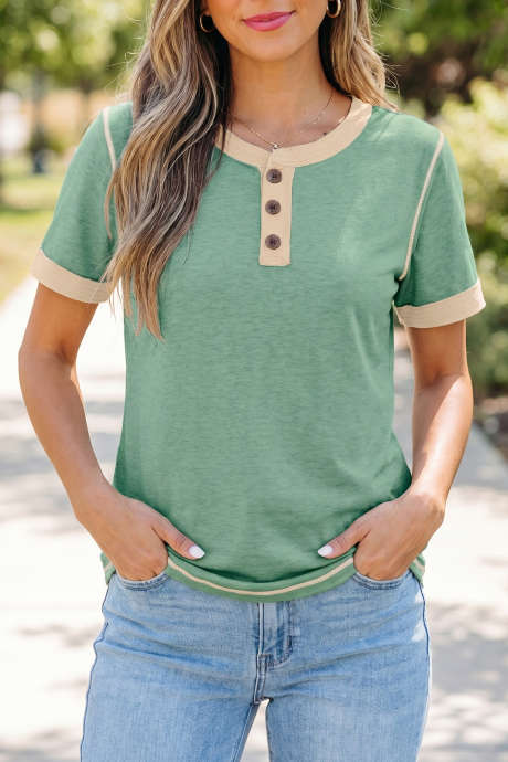 Mint Green Raw Seam Color Block Detail Buttoned Henley Tee LC25230673-P1009