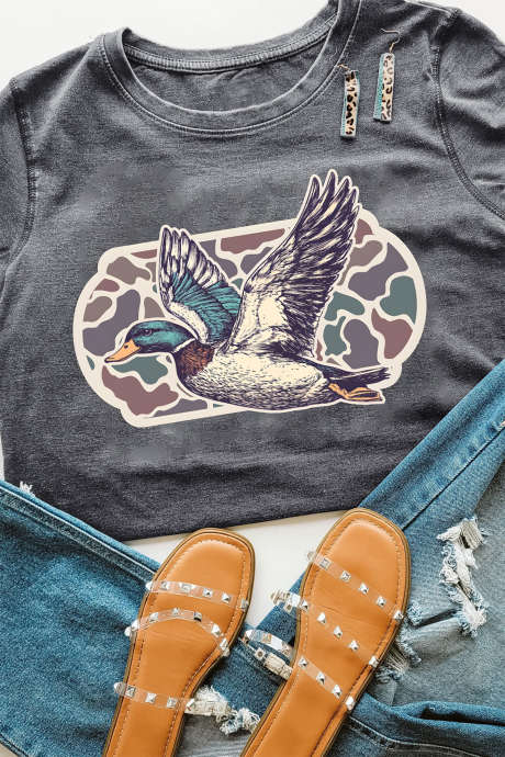 Graues Western-Camouflage-T-Shirt mit Stockenten-Grafik