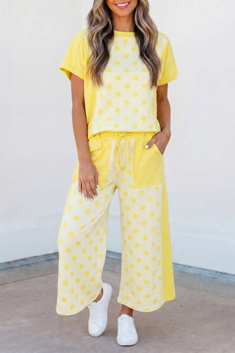 Set ng Pant na Malapad na Patchwork na may Dilaw na Kulay na may Polka Dot