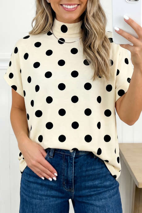 Top beige à pois, col montant, coupe dolman LC25231554-P1520