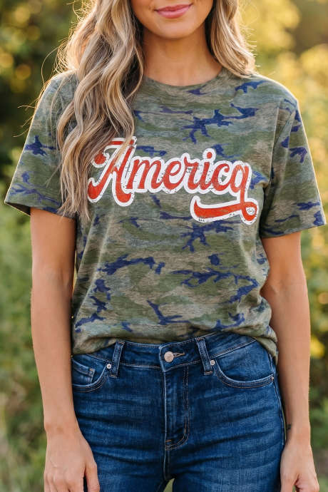 Maraming Kulay na Istilong Camouflage Print America Patriotic T-shirt