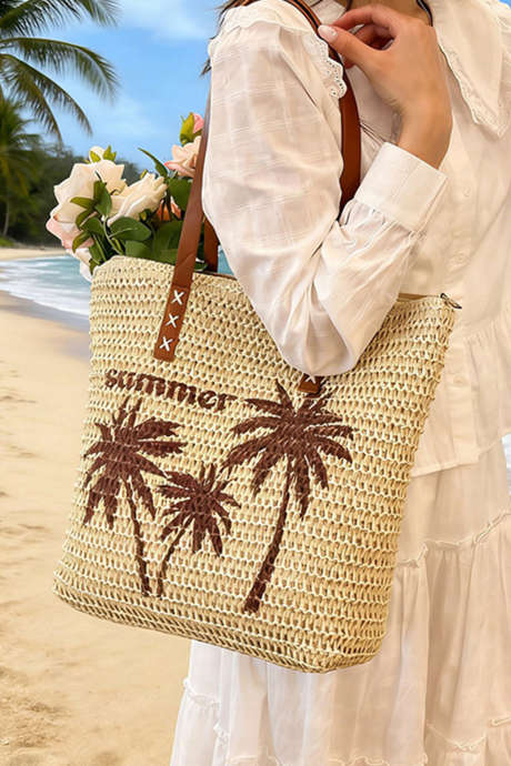Sac cabas de vacances d'été en paille tressée kaki à imprimé palmiers BH031763-P16