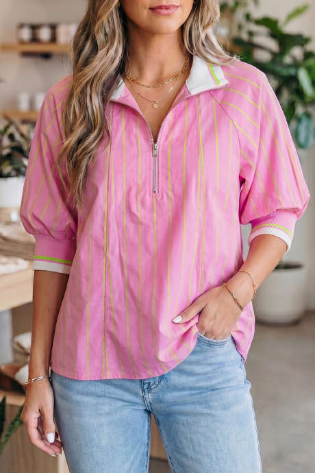Roza črtasta bluza z V-izrezom, polovičnimi rokavi, zadrgo in rebrastimi manšetami, ležerna, šiltasta bluza LC25136849-P1019