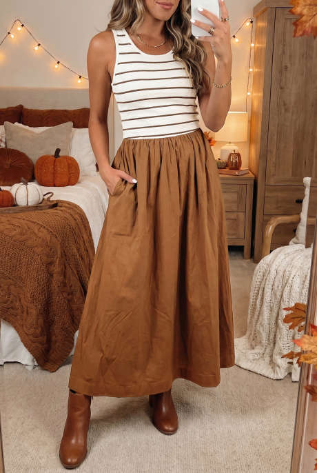 Chestnut Mix Patchwork Contrast Striped Patchwork Dress