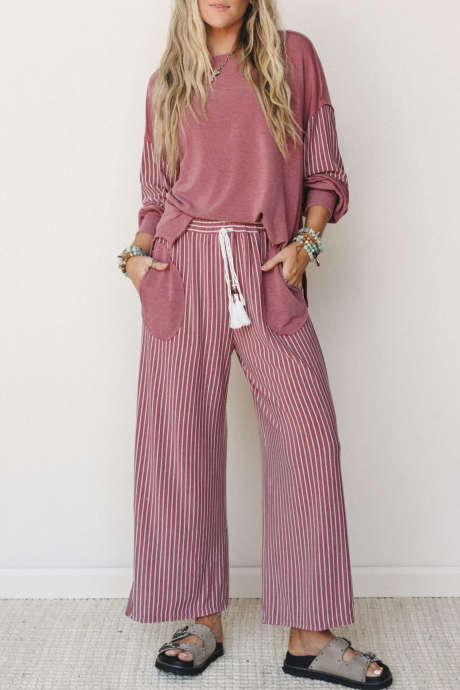 Fushia Rae Edge Patchwork Long Sleeve Top Bulsa Casual Pants Set 2pcs