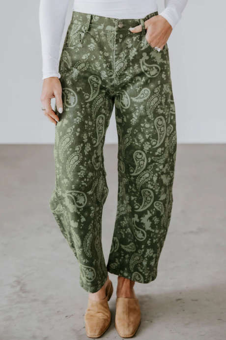 Berdeng Mataas na Baywang Paisley Harem Pants Haba ng Bukong-bukong Kaswal na Pang-araw-araw na Kasuotan na Maong