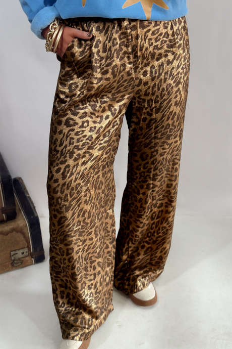 Multicolour Leopard Print Wide Leg Pants Western Style Daily Wear Full Length Trousers