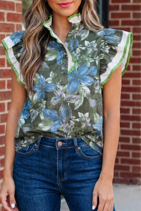 Green Ruffled Short Sleeve Floral Summer Blouse LC25136731-P920
