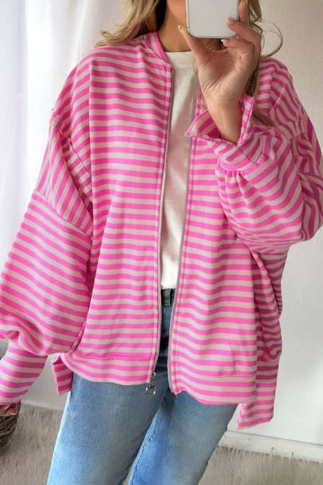 Sweat-shirt oversize à rayures roses, fermeture éclair métallique et manches bouffantes