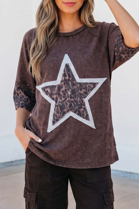Coffee Mineral Wash Exposed Seam Leopard Star Patched T Shirt