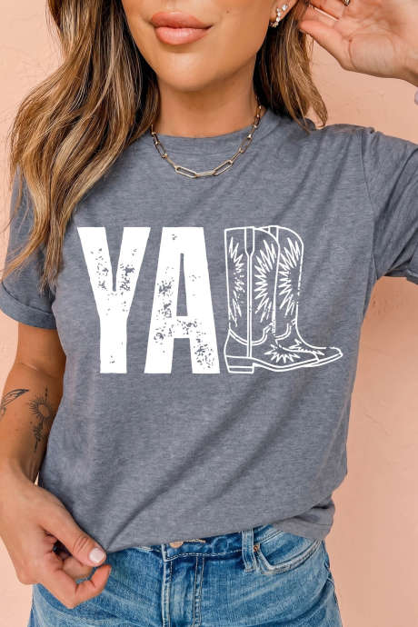 Graues Western-T-Shirt mit YALL-Stiefelprint und Rundhalsausschnitt