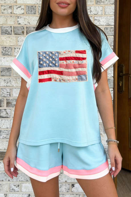Mist Blue Color Block Trim Mixed Flag Pattern Maikling Dalawang Piraso Set LC629982-P204