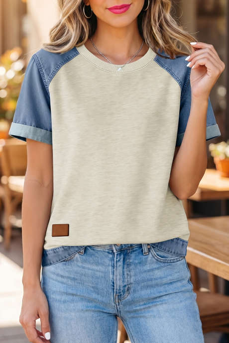 Beige Denim Color Block Patchwork Round Neck T-shirt