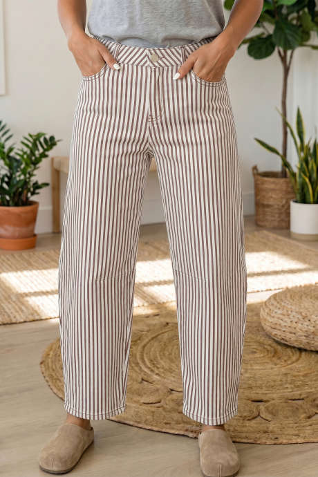 Brown Stripe Casual Barrel Jeans