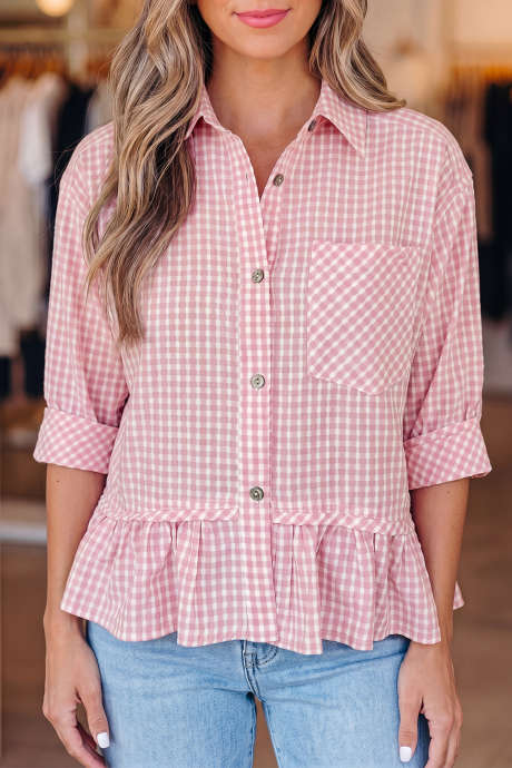 Chemise rose à carreaux, manches courtes, ourlet à volants et boutons LC2557641-P1020