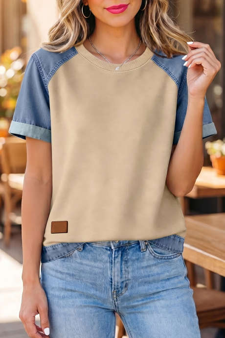 Majica z okroglim izrezom iz pergamentnega jeansa z barvnimi bloki in našitki LC25136447-P6016