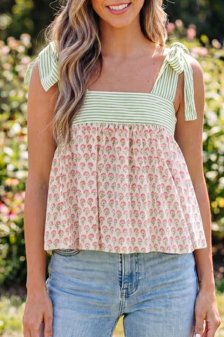 Débardeur babydoll à bretelles nouées et imprimé floral rose LC25613935-P1020