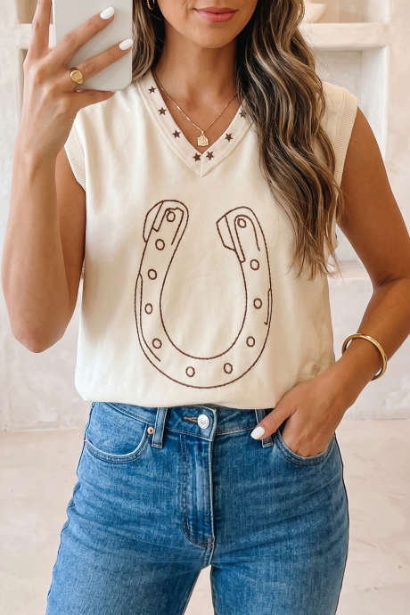 Puting Horseshoe na may Burdadong Star Trim V Neck Loose Tank Top