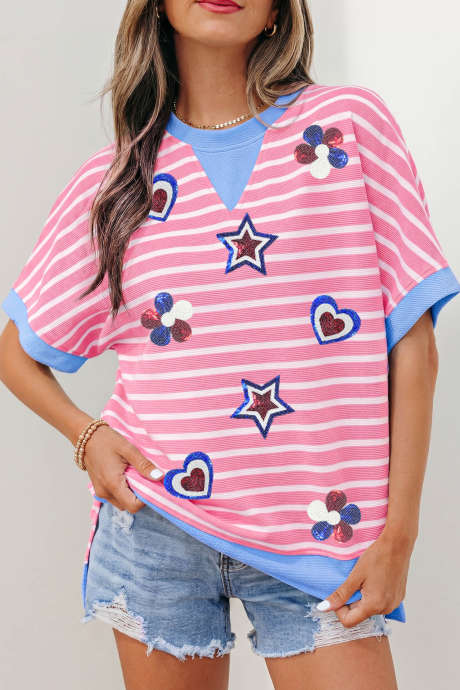 Pink Stripe Patriotic Sequin Patch Maikling Manggas na Maluwag na Pang-itaas LC25138721-P1019