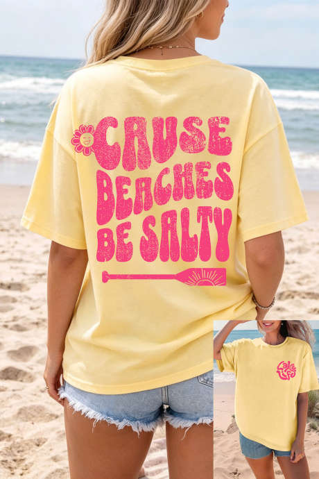 Dilaw na Krem na Kaswal na Round Neck Maikling Manggas na Slogan na May Print na Loose Fit na T-shirt