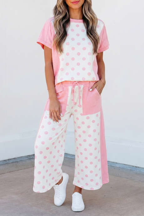Set ng Pant na Malapad na Patchwork na may Kulay Pink na may Polka Dot