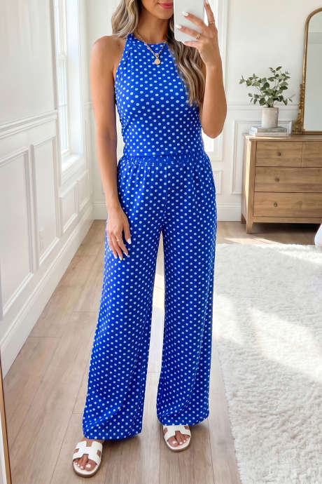 Asul na Polka Dot Print Slim Tank Loose Pants na may 2 pirasong Kasuotan