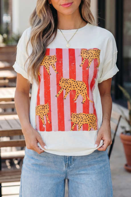 Puting Cheetah Striped Print Retro Fashion Graphic T-shirt LC25231742-P1