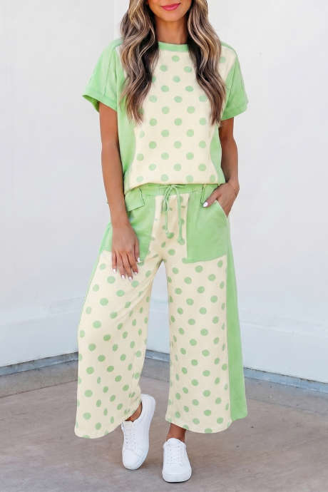 Set ng Pant na Malapad na Paa na may Patchwork na Berdeng Kulay at Polka Dot