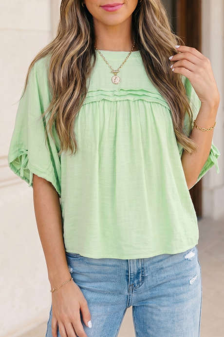 Meadow Mist Green Tie Half Sleeve na may Pleated Detail na Babydoll Blouse