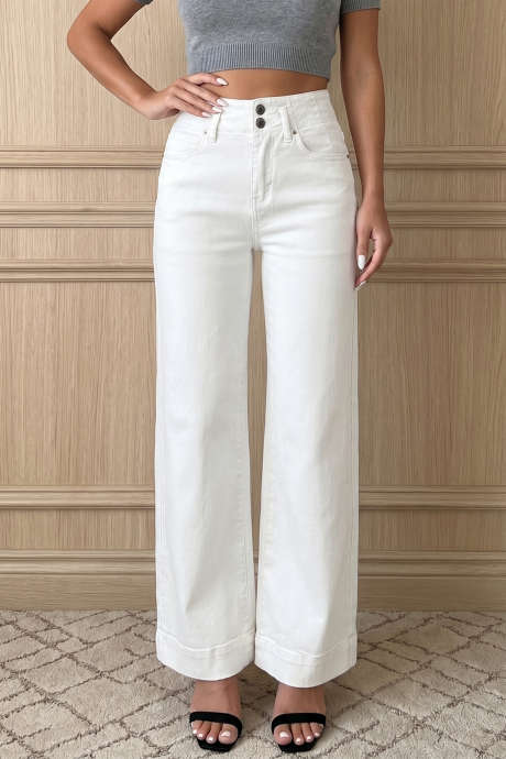 Jean blanc à 2 boutons, taille haute et jambes larges LC7876102-P1