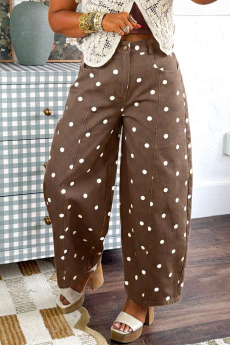 Brown Polka Dot Print Seam Detail Barrel Jeans