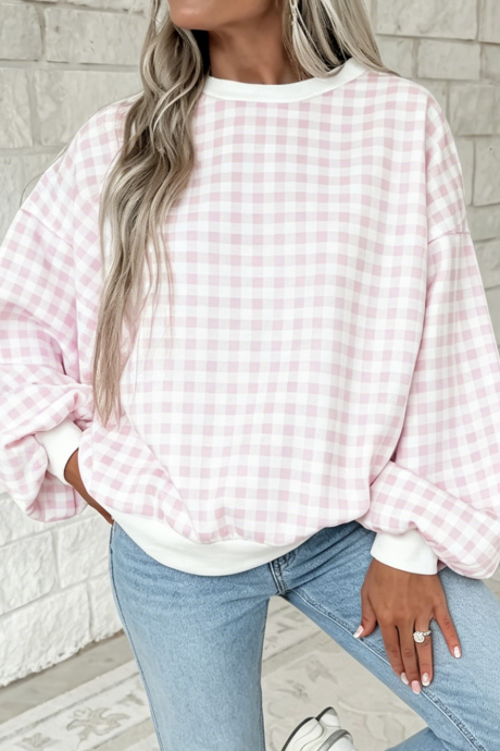 Sudadera rosa a cuadros de cuello redondo y manga larga