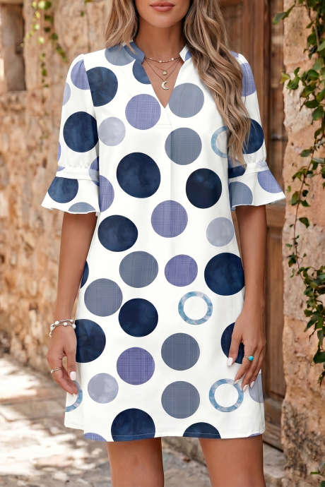 Robe courte décontractée à pois bleus, manches mi-longues à volants, style vacances LC6127695-P520