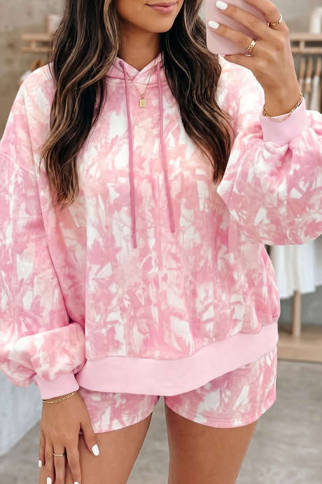 Pink Abstract Print Long Sleeve Two Piece Set Elastic Waist Casual Pantsuit