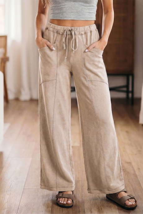 Pantalon western rétro gris fumé, délavé à cordon de serrage, taille haute et jambes larges