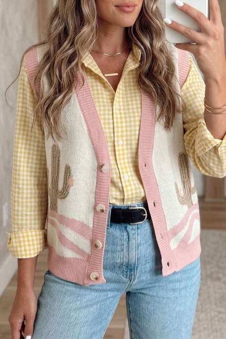 Pink na Disenyo ng Cactus na Walang Manggas na may Butones sa Harap na Knit Vest na Istilo Kanluraning Kaswal at Pang-araw-araw na Kasuotan