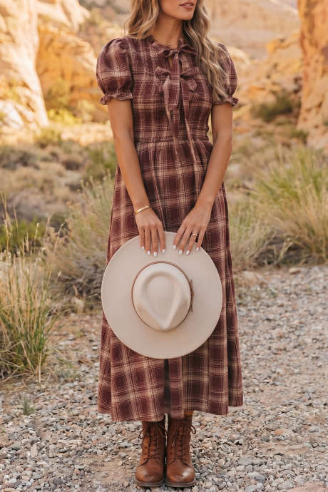 Red Vintage Plaid Midi Dress with Puff Sleeves and Tie Neckline for Daily Wear