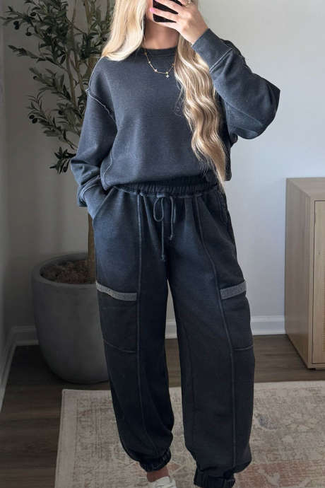 Carbon Grey Solid Colorblock Sweatshirt Jogger Set Casual Two Piece Pants Set