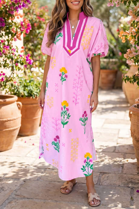 Robe midi à manches courtes, imprimé floral rose, bordure bicolore, col en V LC6128915-P1020