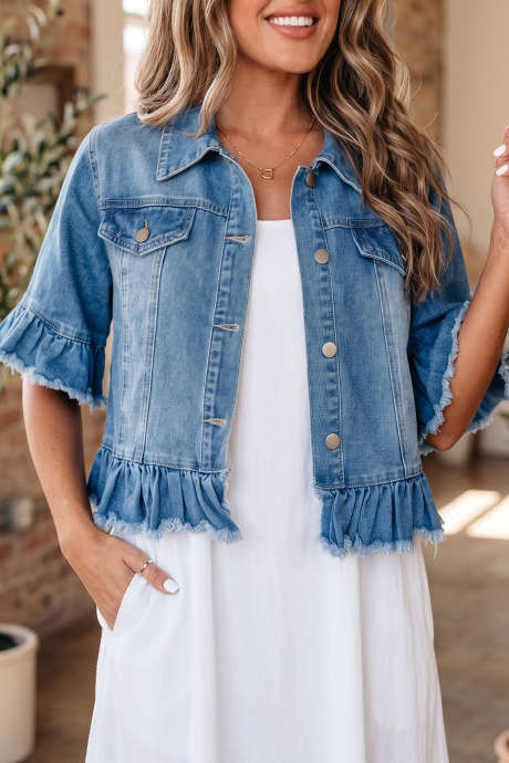 Blue Ruffle Hem Denim Jacket Half Sleeve Western Style