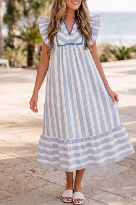 Robe décontractée à rayures bleu ciel, détails en dentelle subtile, col en V et volants LC6129071-P419